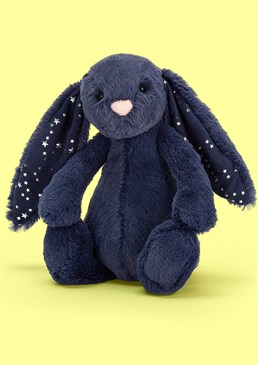 <ul>
    <li>A star-spangled Jellycat bunny bestie!&nbsp;&nbsp;</li>
    <li>Gorgeous midnight-blue colour&nbsp;&nbsp;</li>
    <li>Irresistibly soft and squishy&nbsp;&nbsp;</li>
    <li>Suitable from birth&nbsp;&nbsp;</li>
    <li>Dimensions: 18cm high, 9cm wide (Small)&nbsp;&nbsp;</li>
</ul>
<p>We&rsquo;re all ears&hellip; And so is this guy! Introducing the perfect plush companion and durable playmate to make a little one very hoppy &ndash; I mean happy! Sure to stay a firm favourite for life, you&rsquo;ll go hopping mad over this totally adorable, big-eared cutie!&nbsp;&nbsp;<br />
&nbsp;<br />
Don&rsquo;t be fooled by his innocent face, the Bashful Stardust Bunny by Jellycat definitely has a playful side! With deep blue, irresistibly soft fur and ears covered in sparkling silver stars, this cuddle buddy is guaranteed to give you sweet dreams. This toy is suitable for newborns and a great, unique gift for all ages.&nbsp;</p>